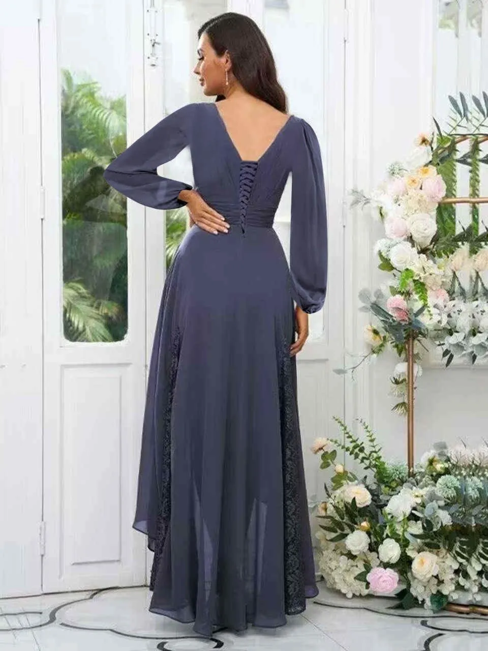 Long Sleeve Bridesmaid Dresses for Women Tea Length Pleated Chiffon Lace Formal Evening Dresses
