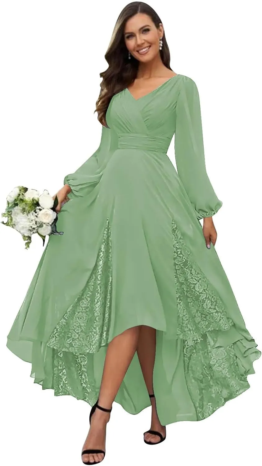 Long Sleeve Bridesmaid Dresses for Women Tea Length Pleated Chiffon Lace Formal Evening Dresses