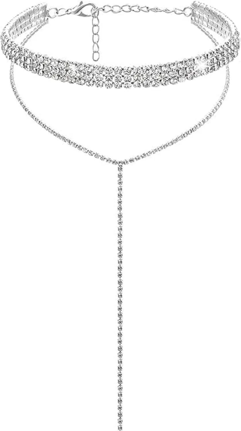 Long Y Shaped Dainty Silver Gold Necklace for Women Rhinestone Choker Necklaces Multilayer Wide Necklaces Tassel Chain Necklaces Jewelry Gift