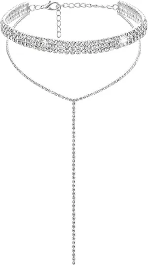 Long Y Shaped Dainty Silver Gold Necklace for Women Rhinestone Choker Necklaces Multilayer Wide Necklaces Tassel Chain Necklaces Jewelry Gift