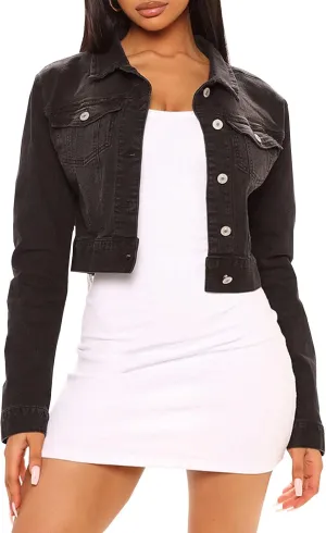 LONGYIDA Women's Cropped Denim Jacket | Distressed Button-Down Jean Jacket | Long Sleeve Ripped & Frayed Blue Coat