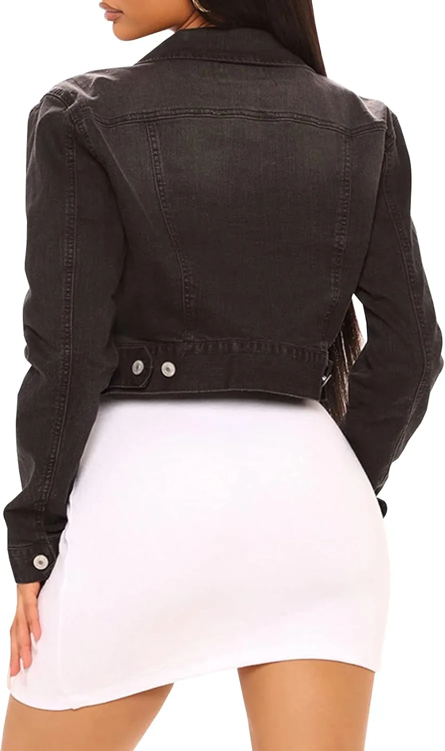 LONGYIDA Women's Cropped Denim Jacket | Distressed Button-Down Jean Jacket | Long Sleeve Ripped & Frayed Blue Coat