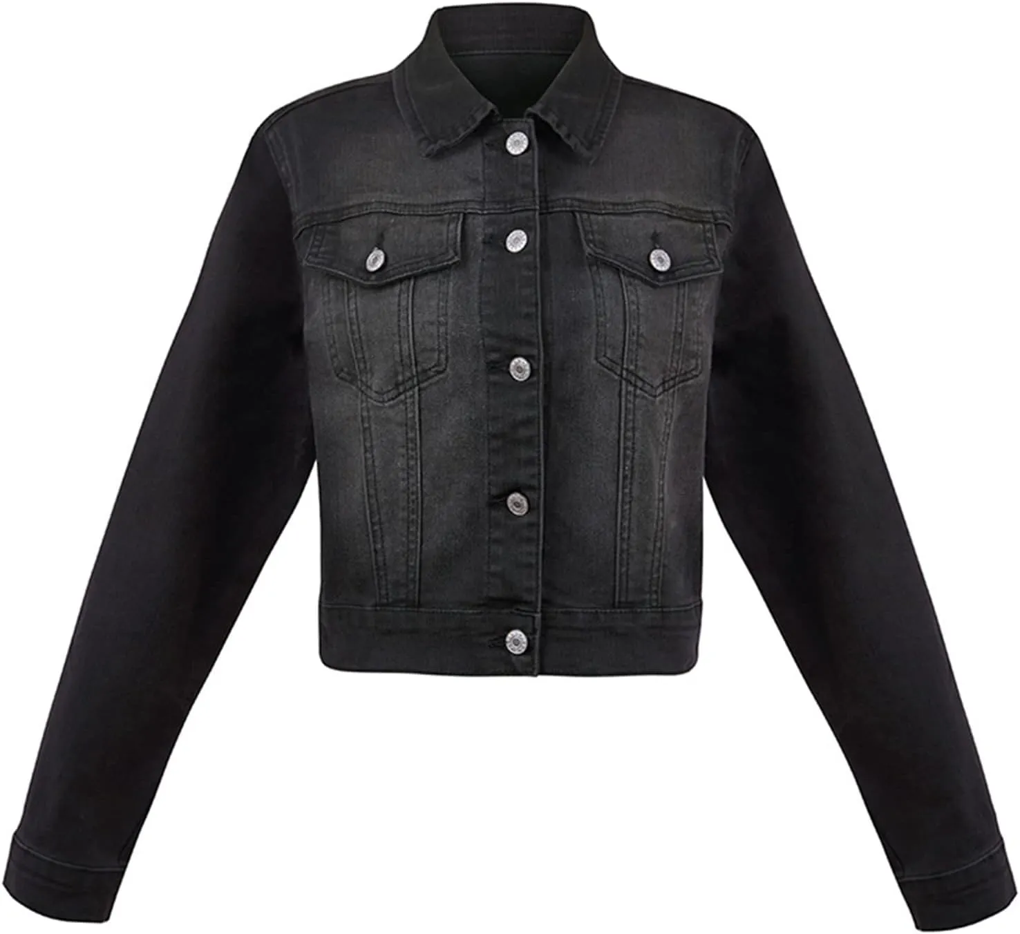 LONGYIDA Women's Cropped Denim Jacket | Distressed Button-Down Jean Jacket | Long Sleeve Ripped & Frayed Blue Coat