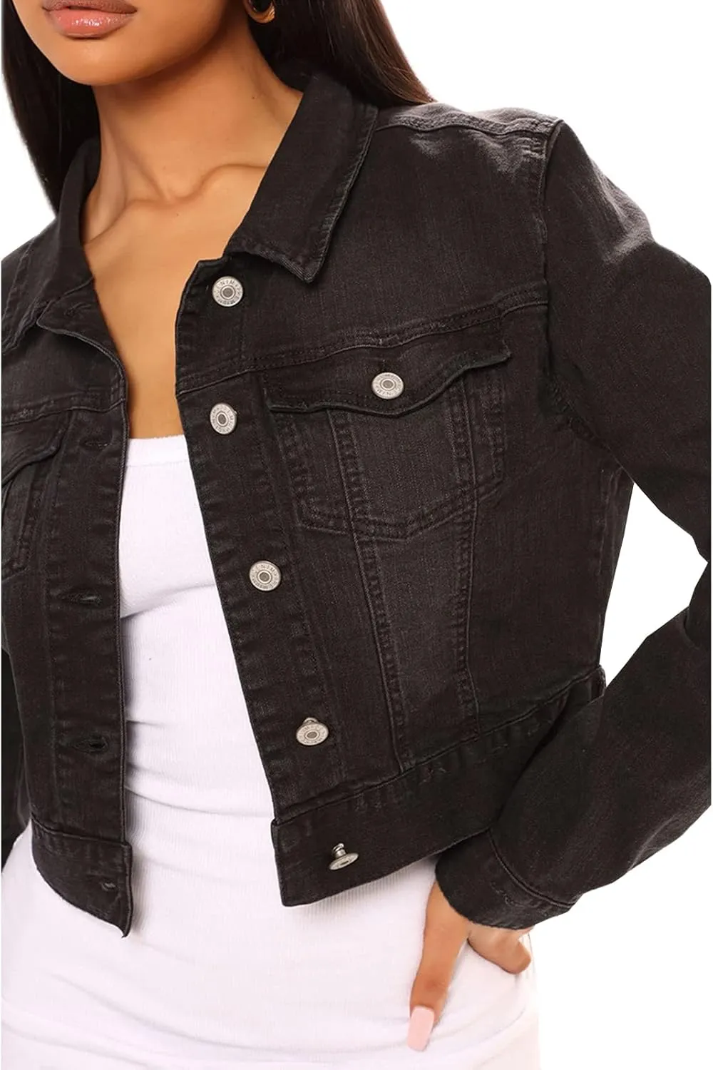 LONGYIDA Women's Cropped Denim Jacket | Distressed Button-Down Jean Jacket | Long Sleeve Ripped & Frayed Blue Coat