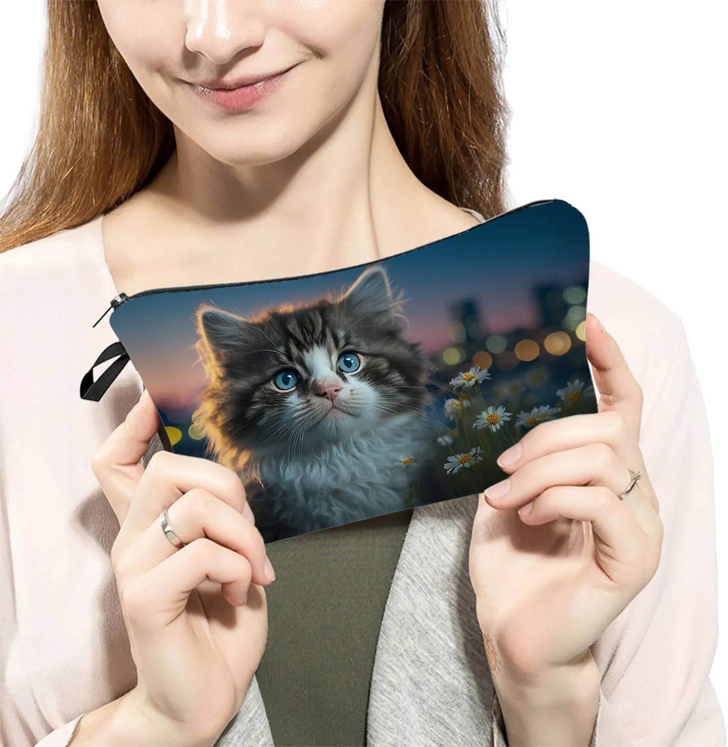 Lovely Cat Makeup Bag Cute Small Makeup Organizer Bag Travel Toiletry Zipper Pouch Birthday Christmas Gift for Cat Lovers Kitten Cosmetic Bag for Women Friends Sisters