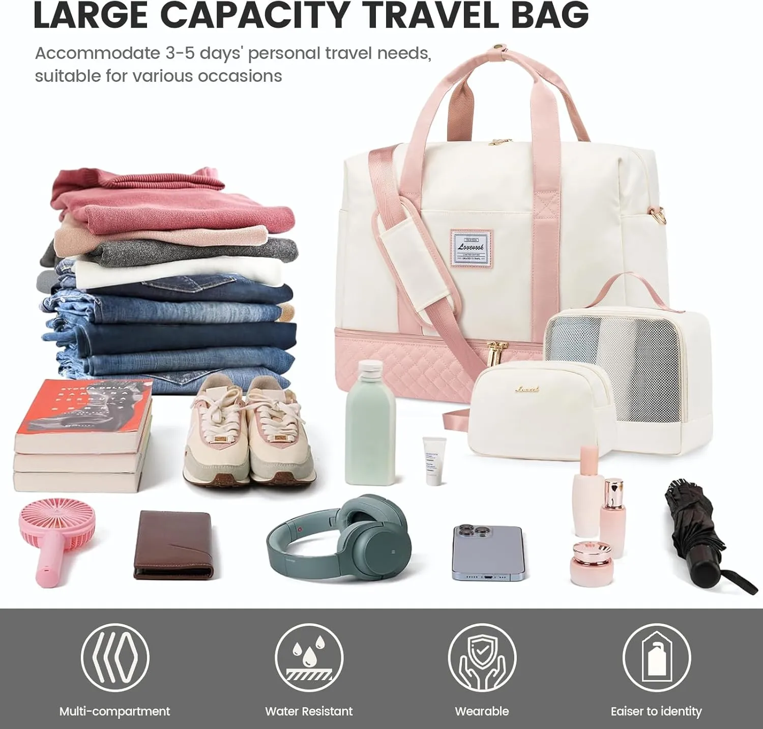 LOVEVOOK Travel Duffel Bag, 21inch Weekender Bags for Women with Shoe Compartment45L Carry on Overnight Bag with Toiletry Bag, Gym Duffel Bag with Wet Pocket, Hospital Bags for Labor and Deliver