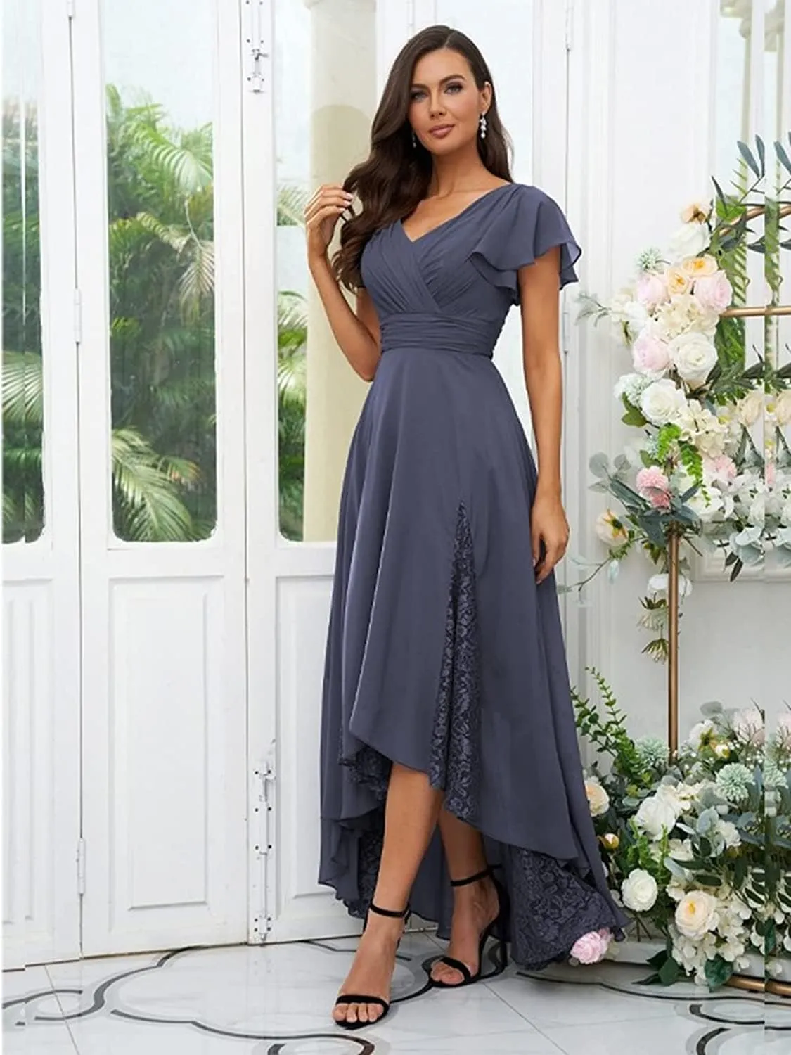Loyeloy V Neck Lace Mother of The Bride Dresses 2024 Flutter Sleeves Chiffon High Low Formal Evening Gowns YJ176