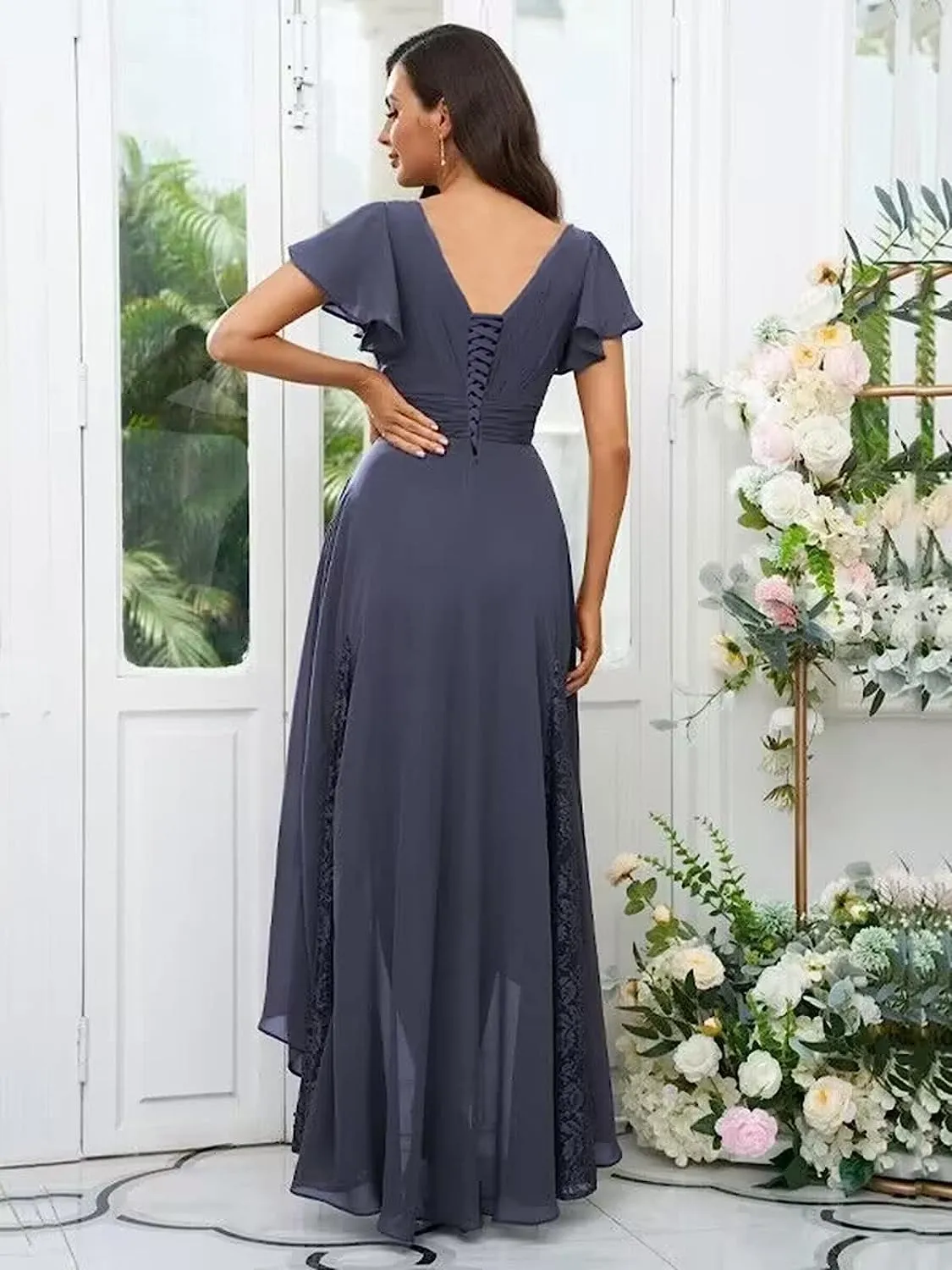 Loyeloy V Neck Lace Mother of The Bride Dresses 2024 Flutter Sleeves Chiffon High Low Formal Evening Gowns YJ176