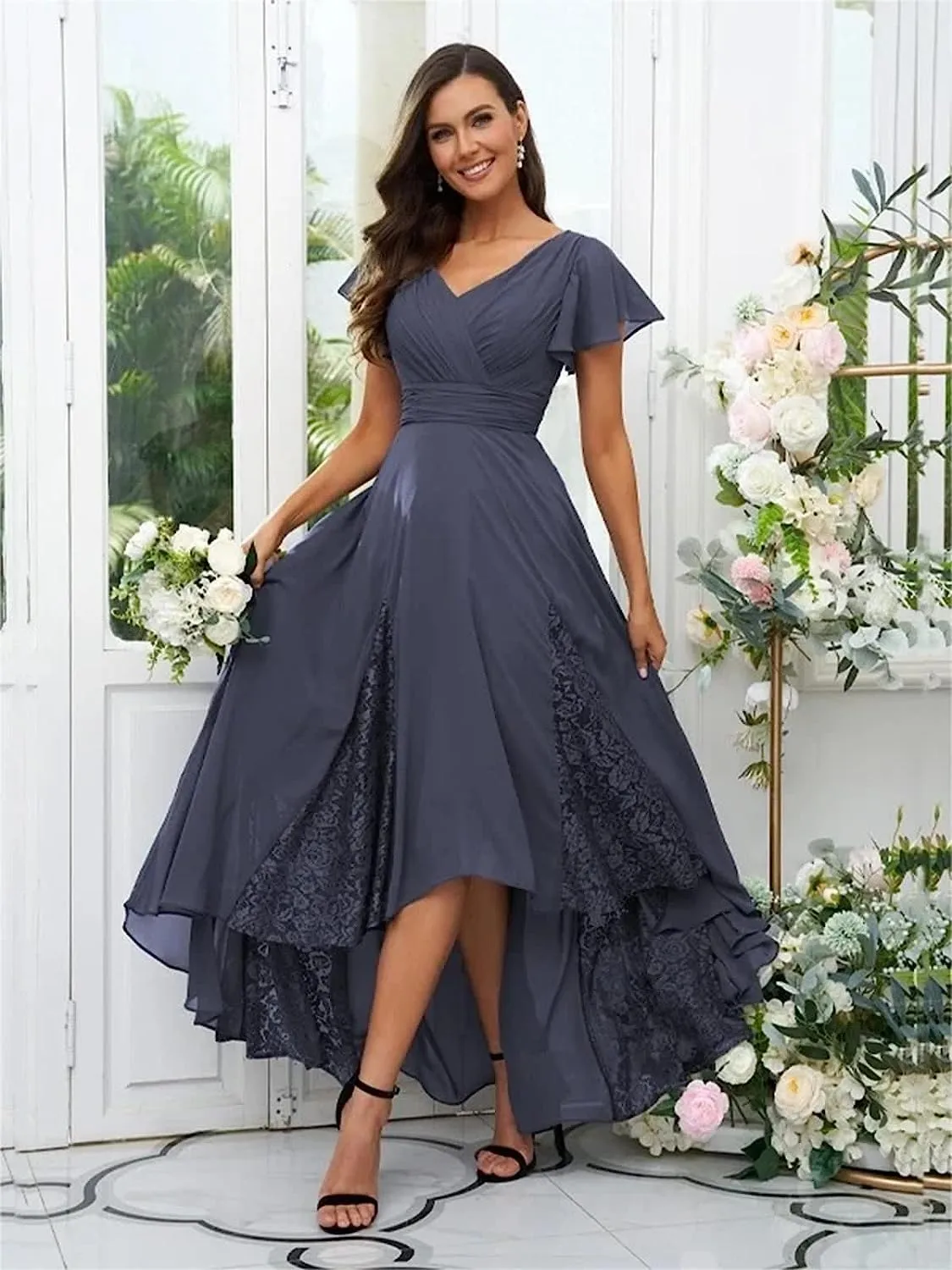 Loyeloy V Neck Lace Mother of The Bride Dresses 2024 Flutter Sleeves Chiffon High Low Formal Evening Gowns YJ176