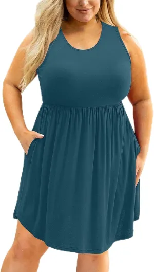 Lpmadey Women Sleeveless Loose Plain Casual Plus Size Midi Dress with Pockets Ruched Elastic Waist A-Line Flowy Sundress