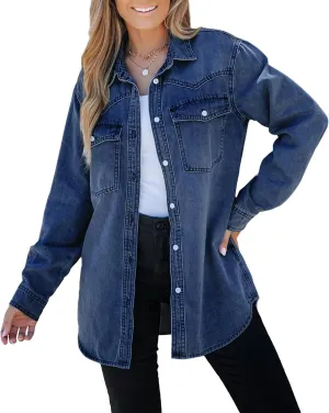 luvamia Long Denim Jacket for Women Lightweight Trendy Jean Button Down Shirts Jackets Oversized Shackets with Pockets