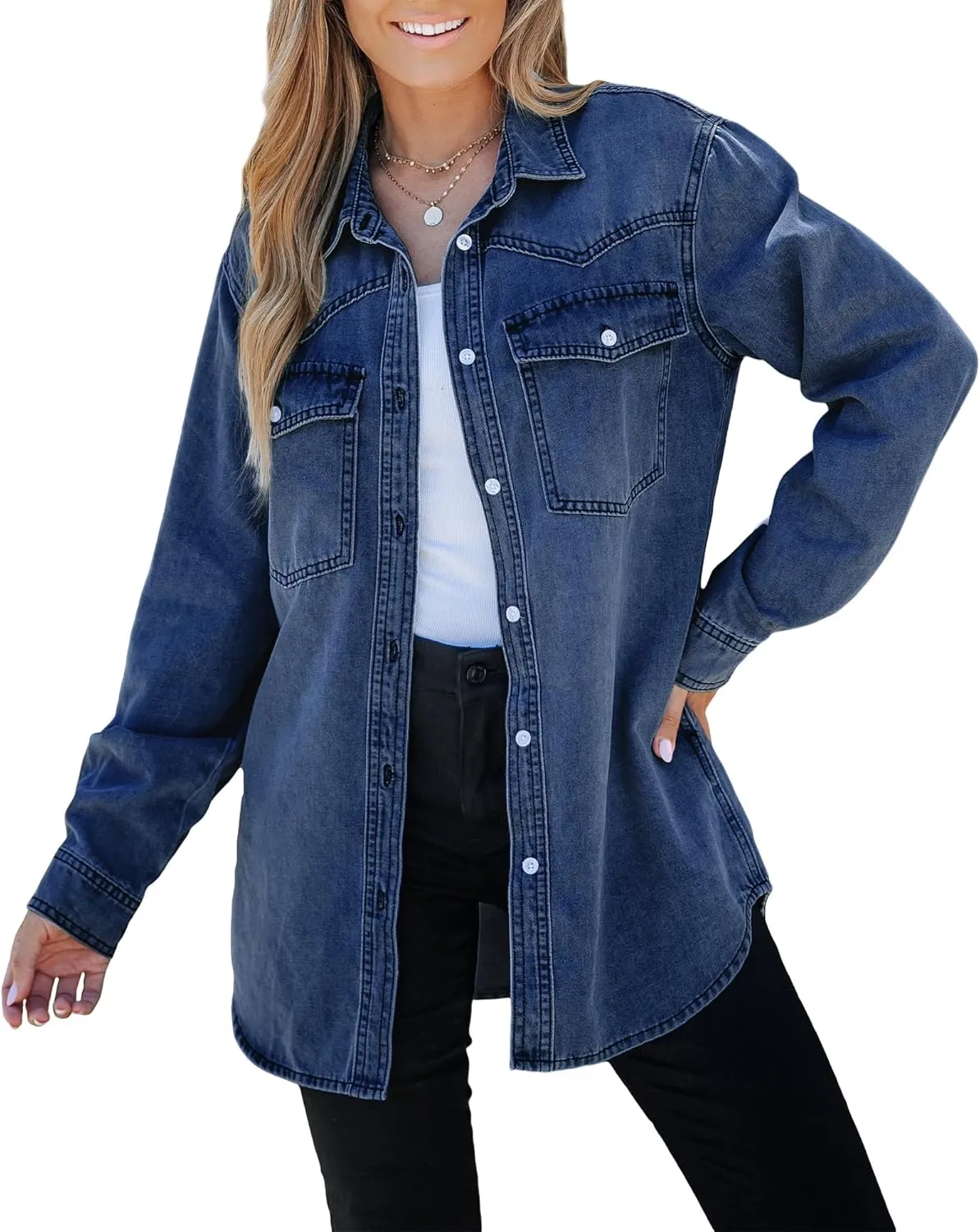 luvamia Long Denim Jacket for Women Lightweight Trendy Jean Button Down Shirts Jackets Oversized Shackets with Pockets