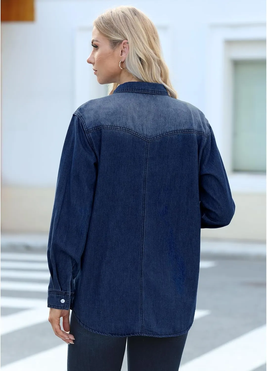 luvamia Long Denim Jacket for Women Lightweight Trendy Jean Button Down Shirts Jackets Oversized Shackets with Pockets