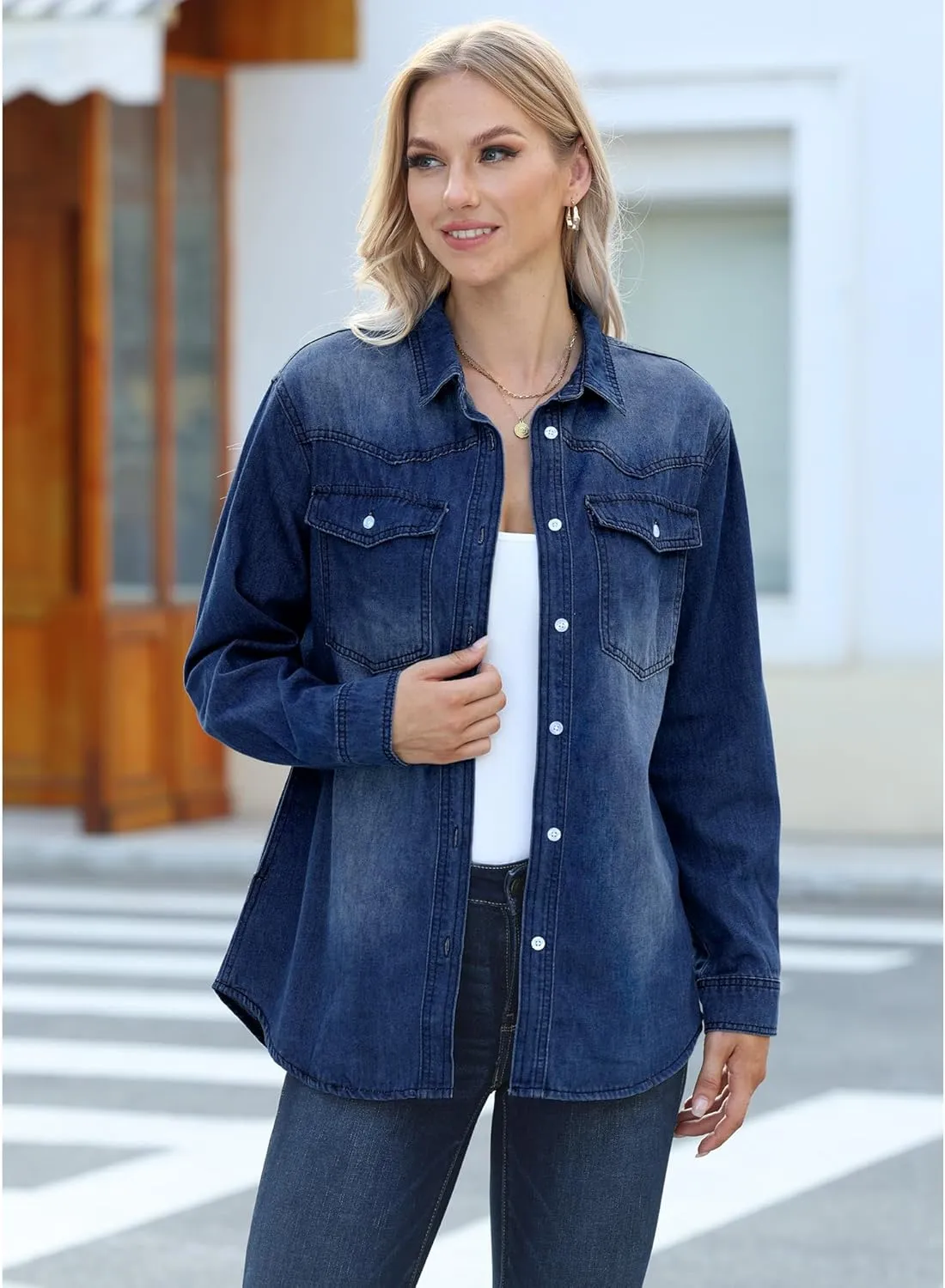 luvamia Long Denim Jacket for Women Lightweight Trendy Jean Button Down Shirts Jackets Oversized Shackets with Pockets