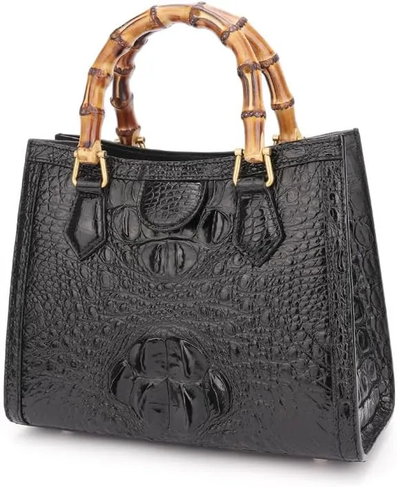 Luxury Tote Crocodile Bag Python Crocodile Leather Bag with Bamboo Top-Handle Satchel Handbags Compact, Stylish & Versatile