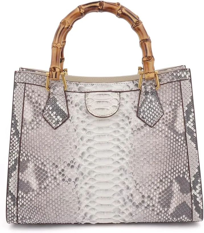 Luxury Tote Snakeskin Bag Python Snakeskin Leather Bag with Bamboo Top-Handle Satchel Handbags Compact, Stylish & Versatile