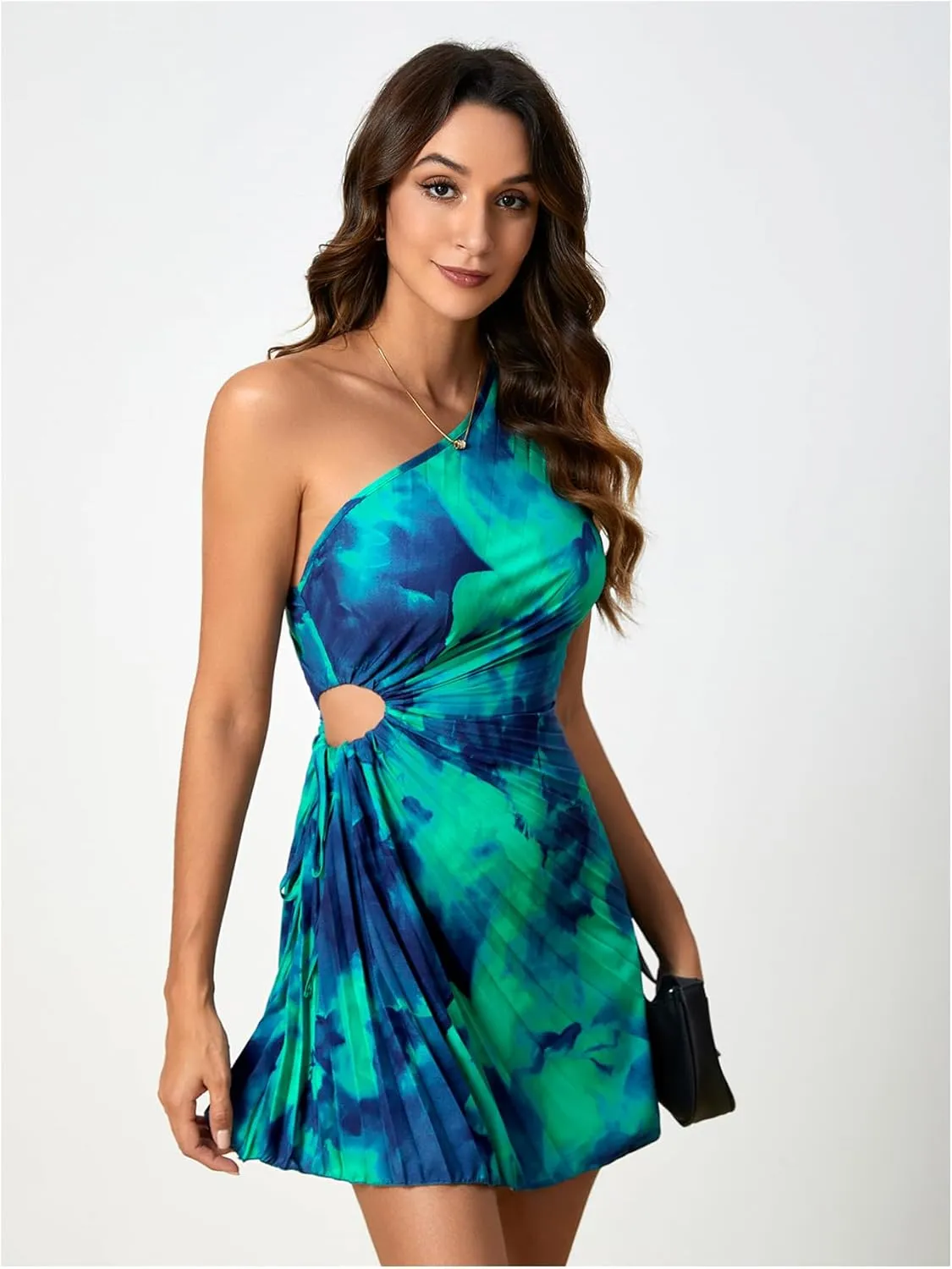MakeMeChic Women's Summer Dress 2025 Tie Dye One Shoulder Mini Dress Pleated Cut Out Wedding Guest Dresses