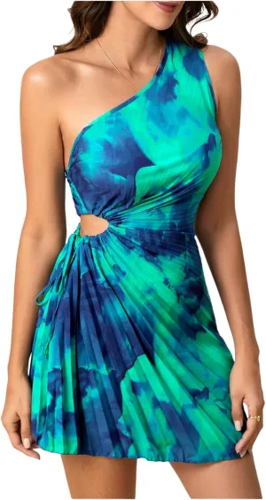 MakeMeChic Women's Summer Dress 2025 Tie Dye One Shoulder Mini Dress Pleated Cut Out Wedding Guest Dresses