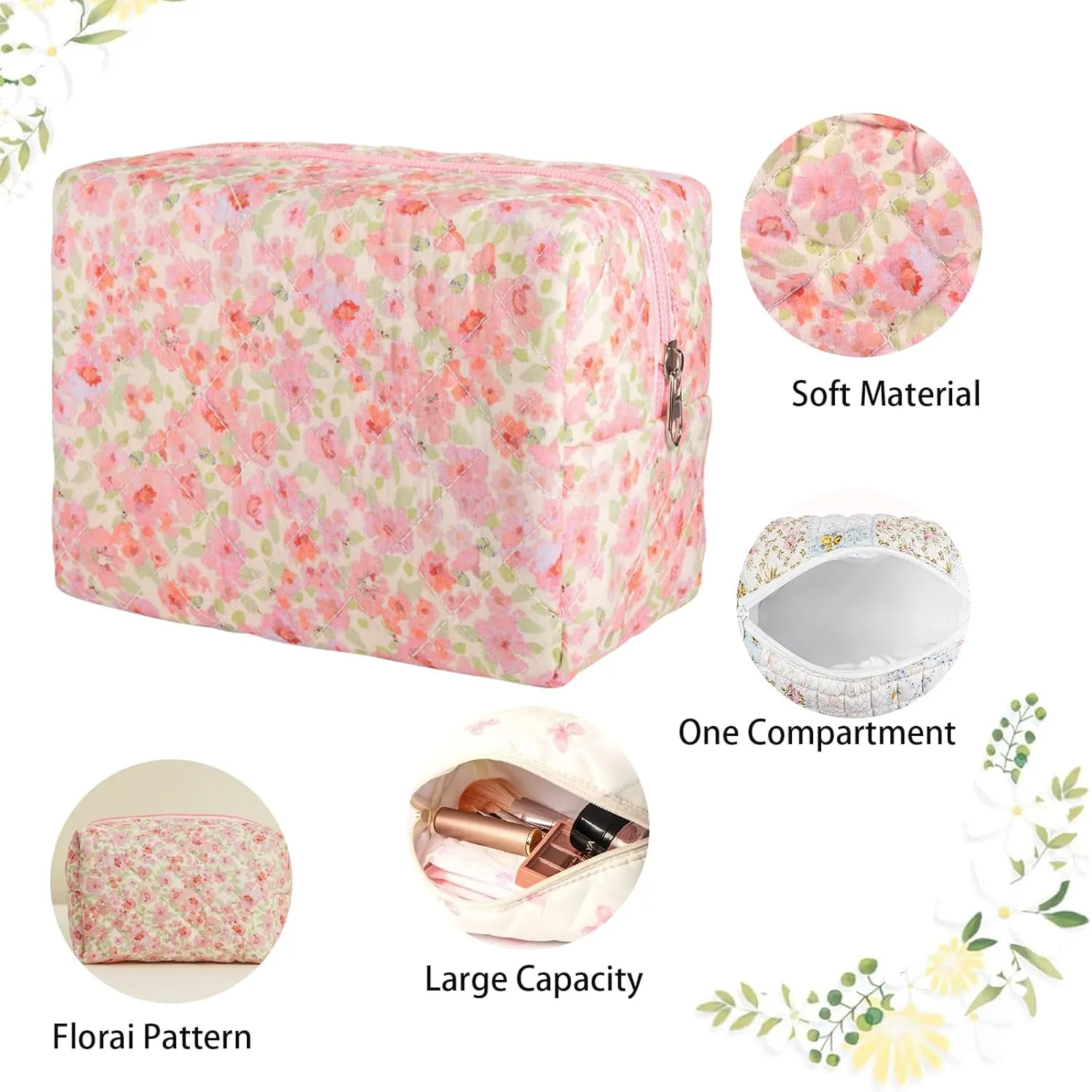 Makeup Bag Small Cute Cosmetic Bags for Women Girls, Quilted Makeup Pouch, Coquette Aesthetic Floral Toiletry Organizer Bag