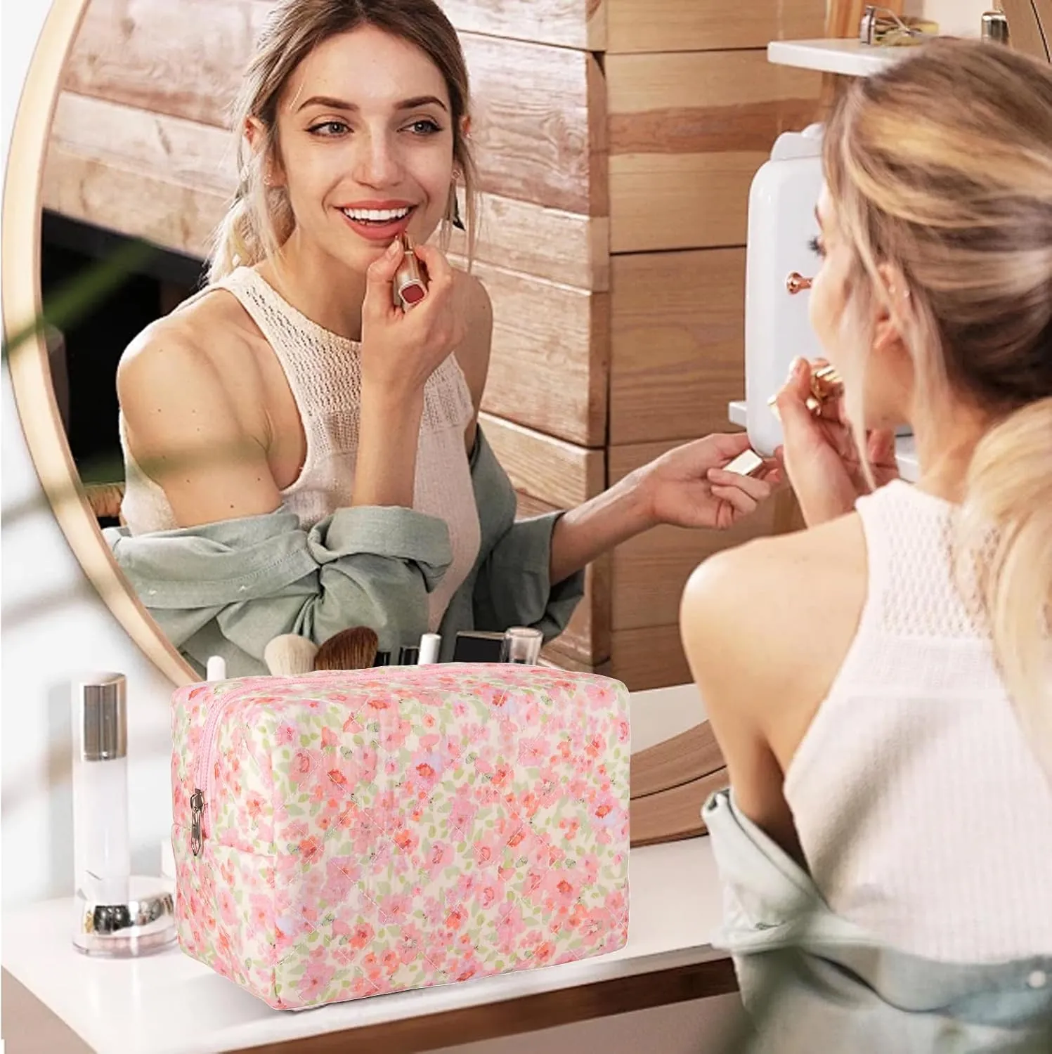 Makeup Bag Small Cute Cosmetic Bags for Women Girls, Quilted Makeup Pouch, Coquette Aesthetic Floral Toiletry Organizer Bag