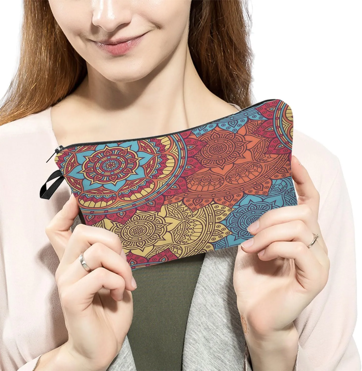 Mandala Cosmetic Bag Cute Small Organizer Zipper Pouch Colorful Floral Mandala Pattern Makeup Bag Birthday Present for Women Friends Sisters