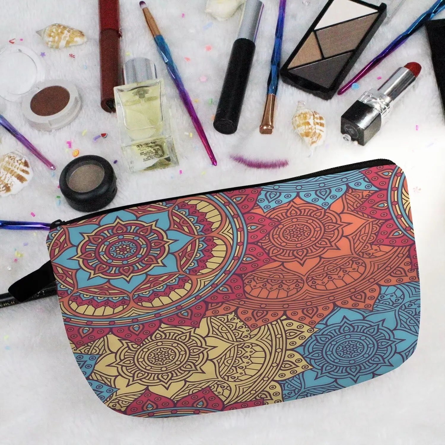 Mandala Cosmetic Bag Cute Small Organizer Zipper Pouch Colorful Floral Mandala Pattern Makeup Bag Birthday Present for Women Friends Sisters