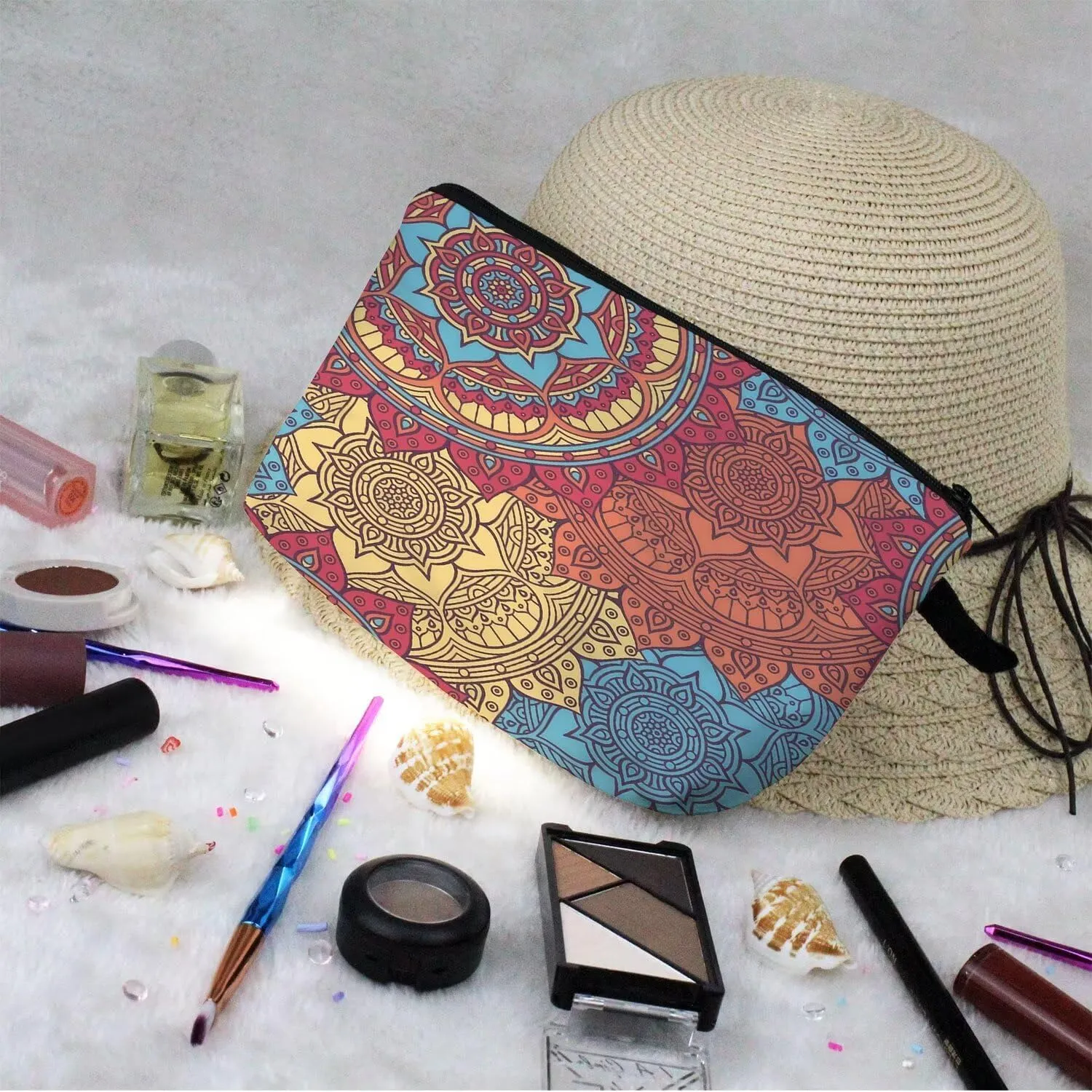 Mandala Cosmetic Bag Cute Small Organizer Zipper Pouch Colorful Floral Mandala Pattern Makeup Bag Birthday Present for Women Friends Sisters