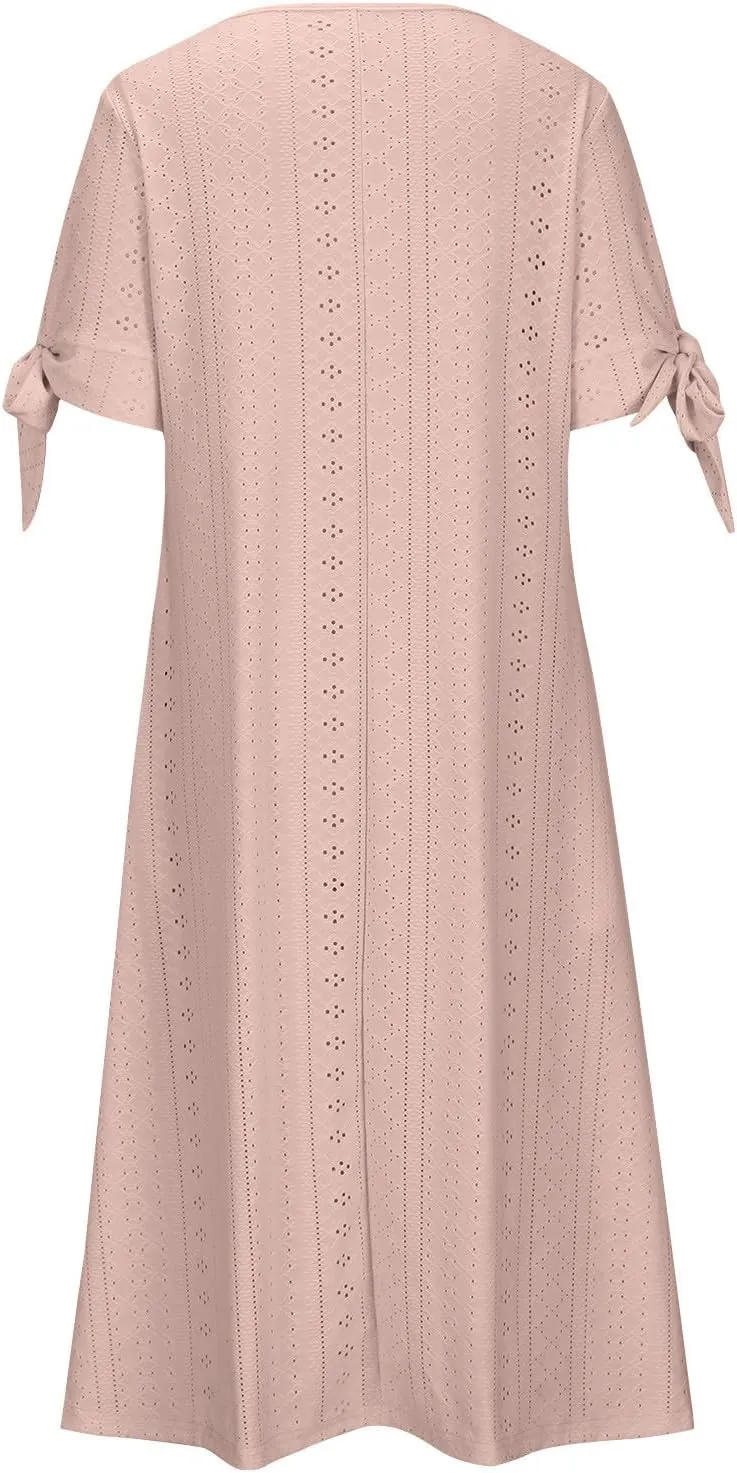 Maxi Long Dresses for Women 2025 Vacation Casual Short Sleeve Eyelet Tshirt Dress Summer Beach Travel Sundress Trendy