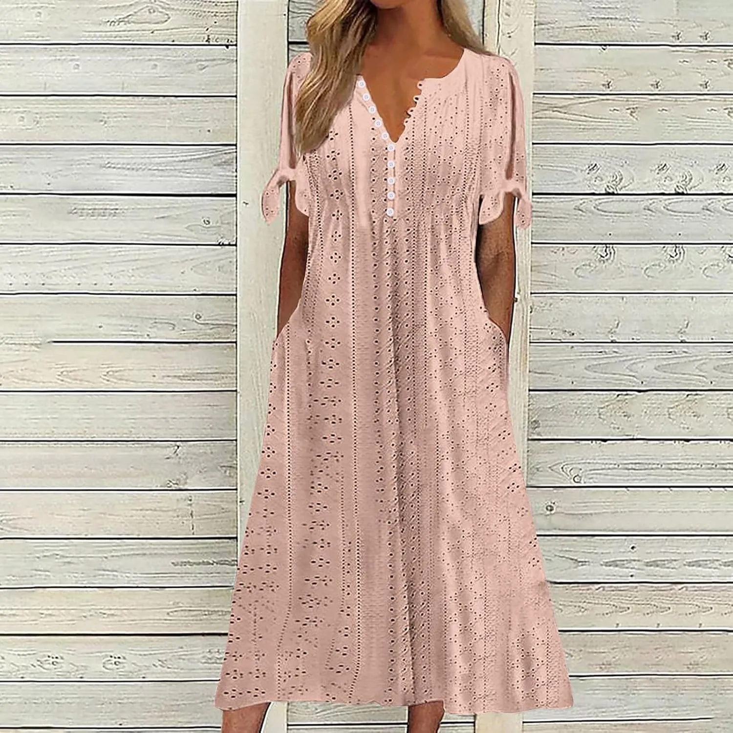 Maxi Long Dresses for Women 2025 Vacation Casual Short Sleeve Eyelet Tshirt Dress Summer Beach Travel Sundress Trendy