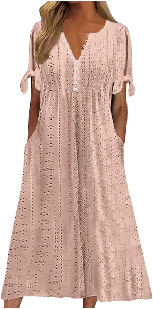 Maxi Long Dresses for Women 2025 Vacation Casual Short Sleeve Eyelet Tshirt Dress Summer Beach Travel Sundress Trendy
