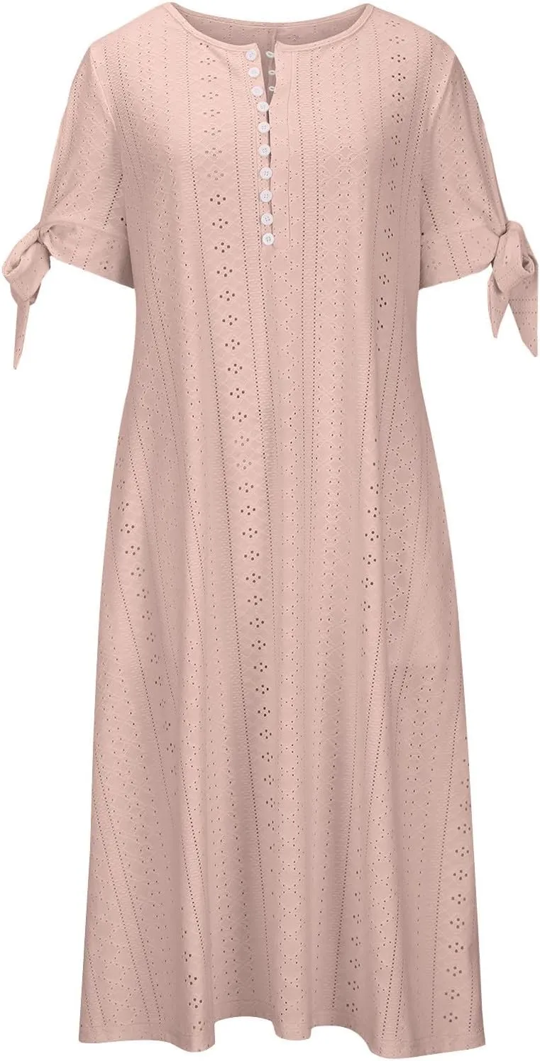 Maxi Long Dresses for Women 2025 Vacation Casual Short Sleeve Eyelet Tshirt Dress Summer Beach Travel Sundress Trendy