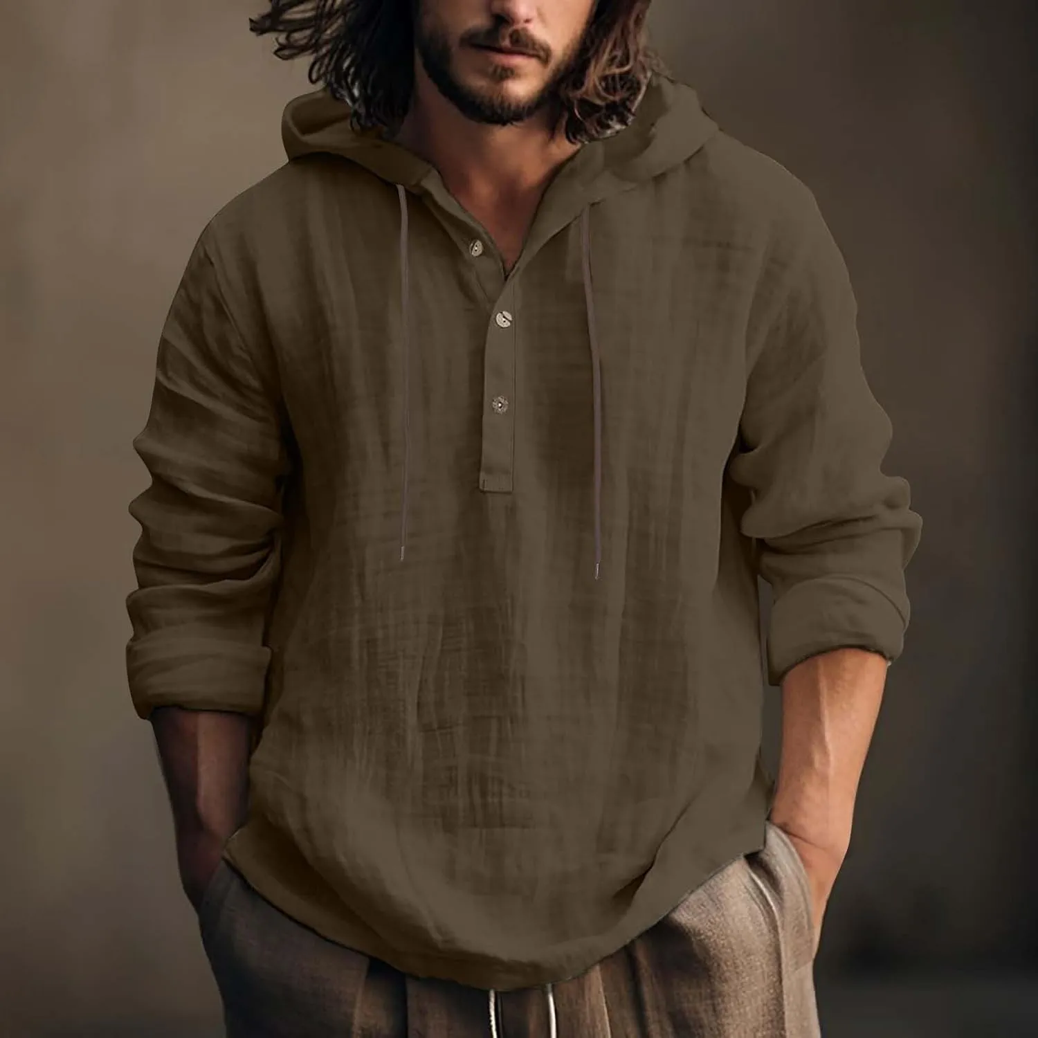 Men Cotton Linen Hoodie Long Sleeve Jumper Drawstring Hooded Sweatshirt Button Up V-Neck Linen Top Solid Color Pullover