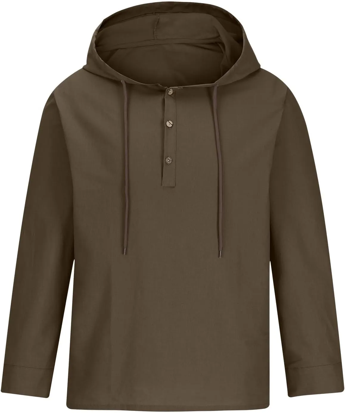 Men Cotton Linen Hoodie Long Sleeve Jumper Drawstring Hooded Sweatshirt Button Up V-Neck Linen Top Solid Color Pullover