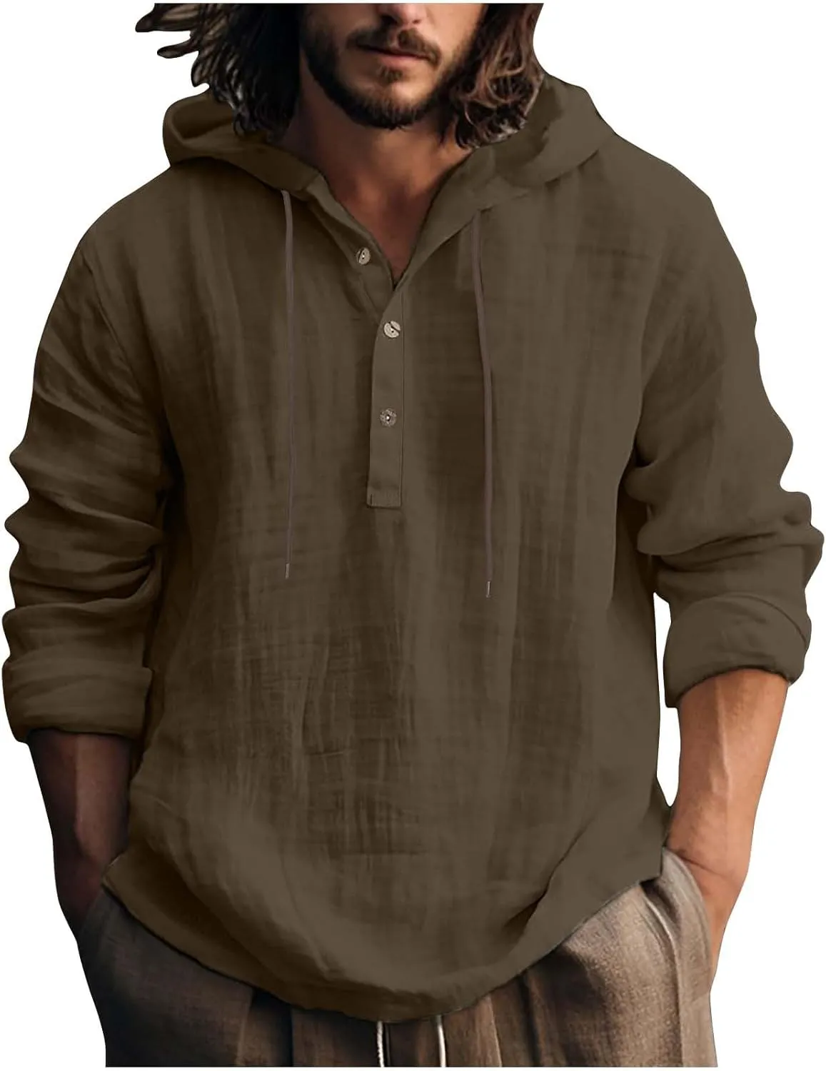 Men Cotton Linen Hoodie Long Sleeve Jumper Drawstring Hooded Sweatshirt Button Up V-Neck Linen Top Solid Color Pullover