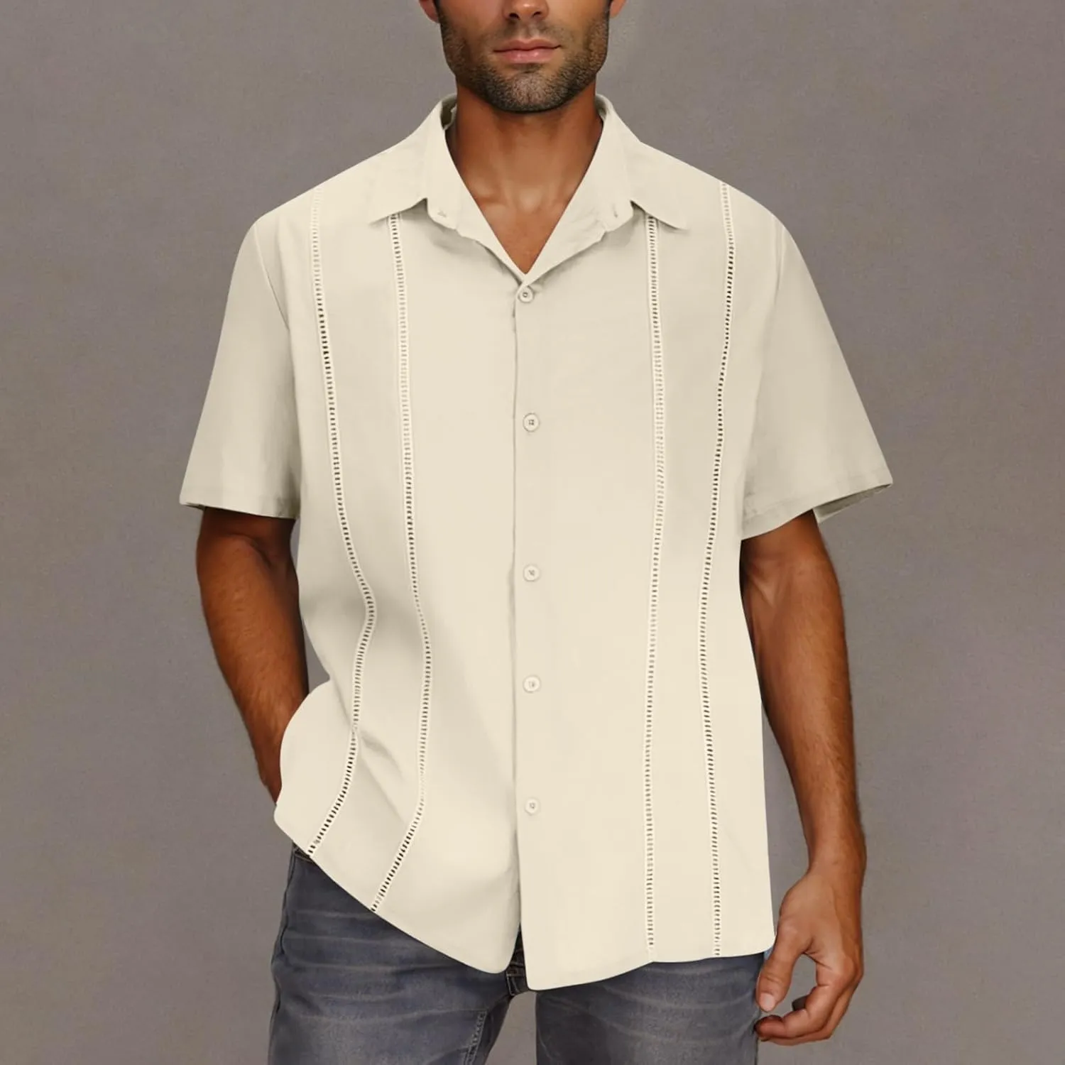 Men Cuban Guayabera Shirt Short Sleeve Button Down Textured Shirts Casual Summer Beach Mexican Linen Tops