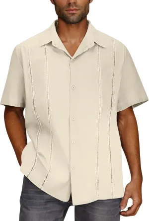 Men Cuban Guayabera Shirt Short Sleeve Button Down Textured Shirts Casual Summer Beach Mexican Linen Tops