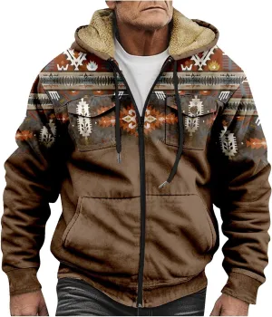 Men's Aztec Hoodies Jackets Long Sleeve Zip Up Winter Sweatshirt Coat Casual Vintage With Pocket, S-5XL