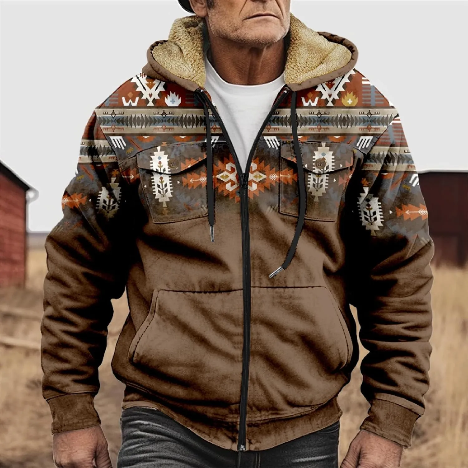 Men's Aztec Hoodies Jackets Long Sleeve Zip Up Winter Sweatshirt Coat Casual Vintage With Pocket, S-5XL