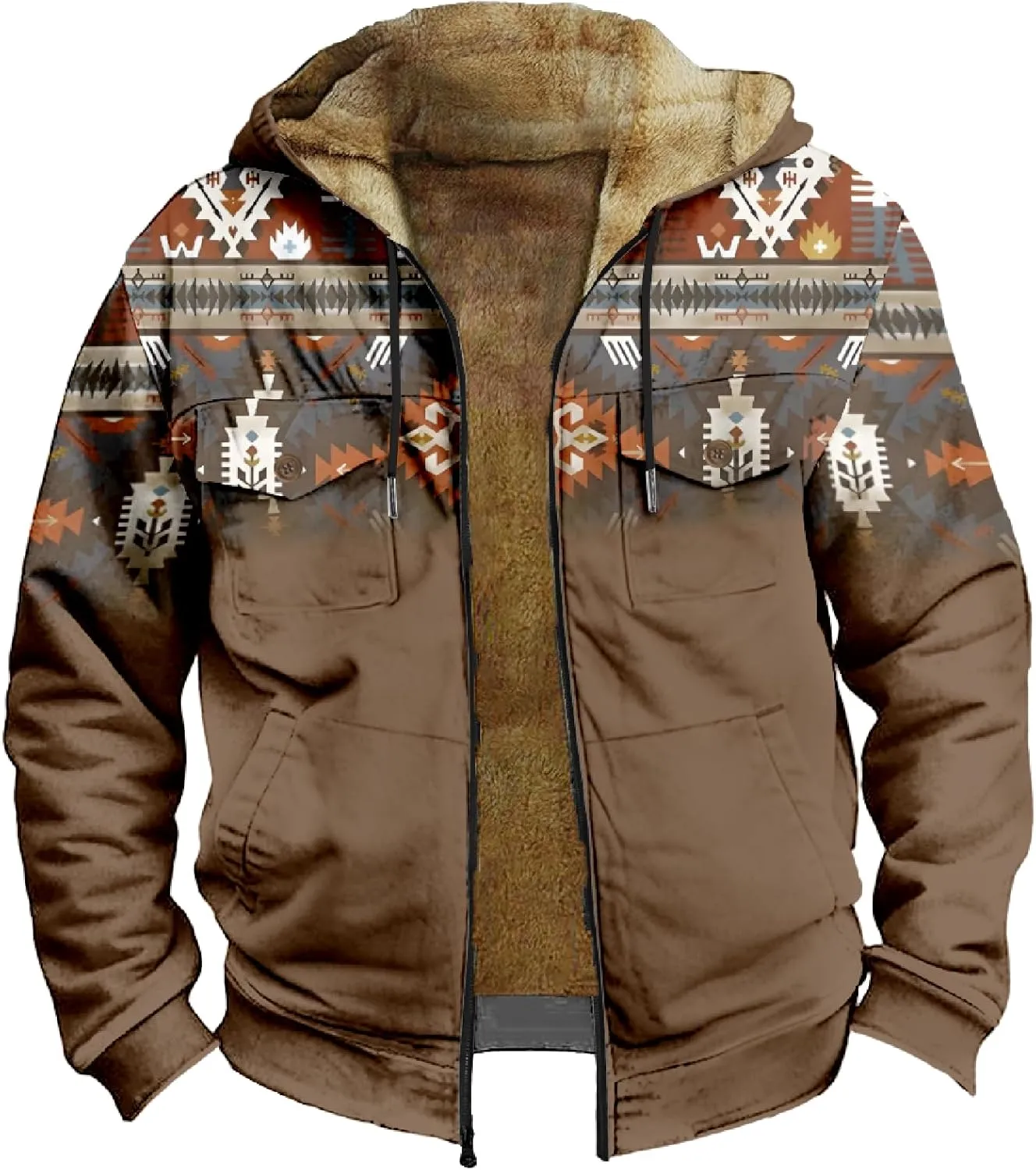 Men's Aztec Hoodies Jackets Long Sleeve Zip Up Winter Sweatshirt Coat Casual Vintage With Pocket, S-5XL