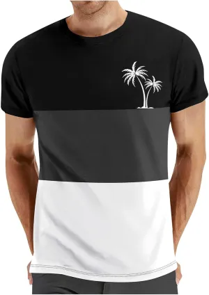 Men's Color Striped Tees Pattern Basic Simple Shirts Palm Tree Classic Printed Beach Shirts Top Short Sleeve Tees