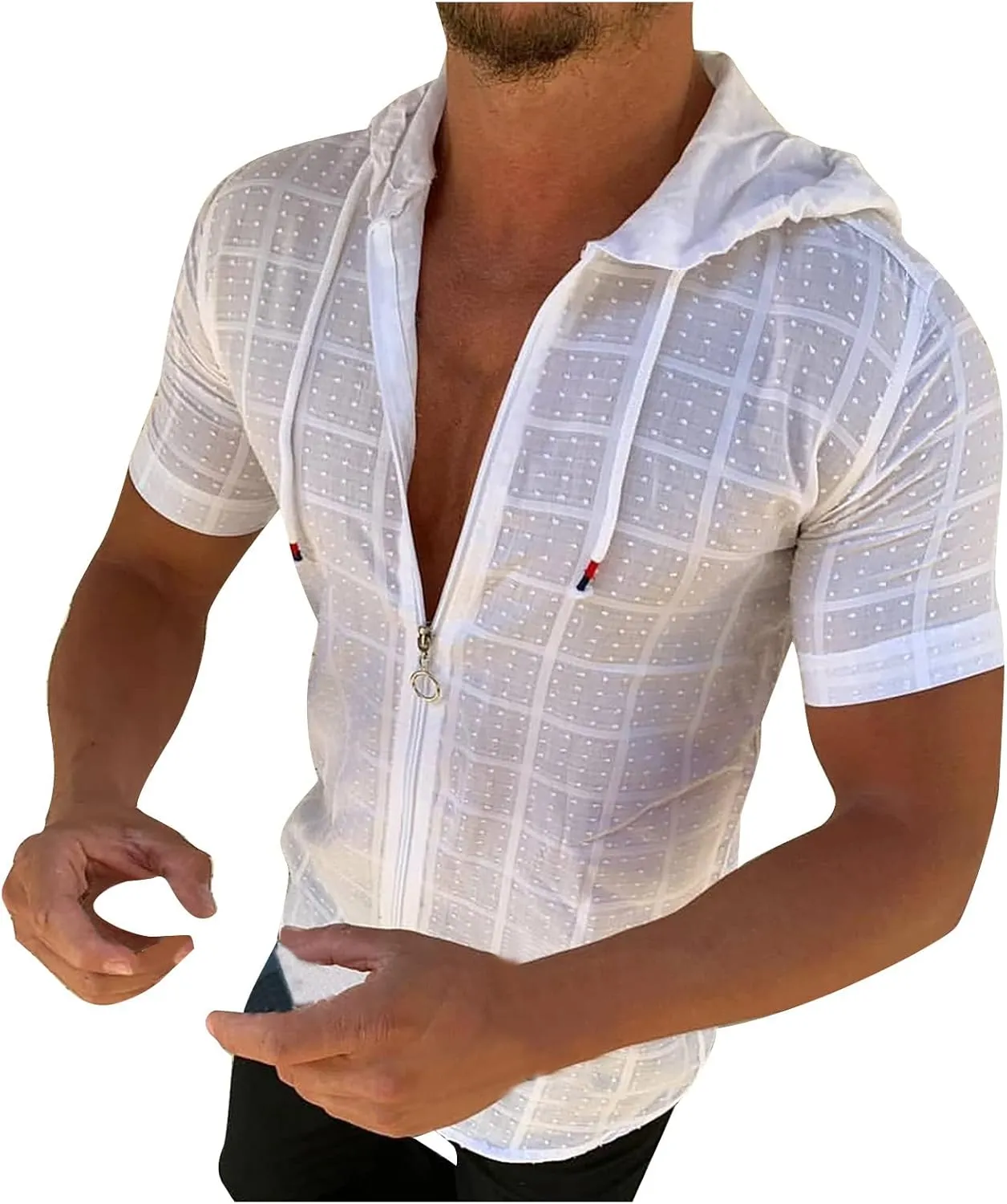 Mens Comfortable Zip Up Hoodie Short Sleeve Lightweight Cotton Zipper Casual Fashion Slim-fit Drawstring Pullover Top Shirts