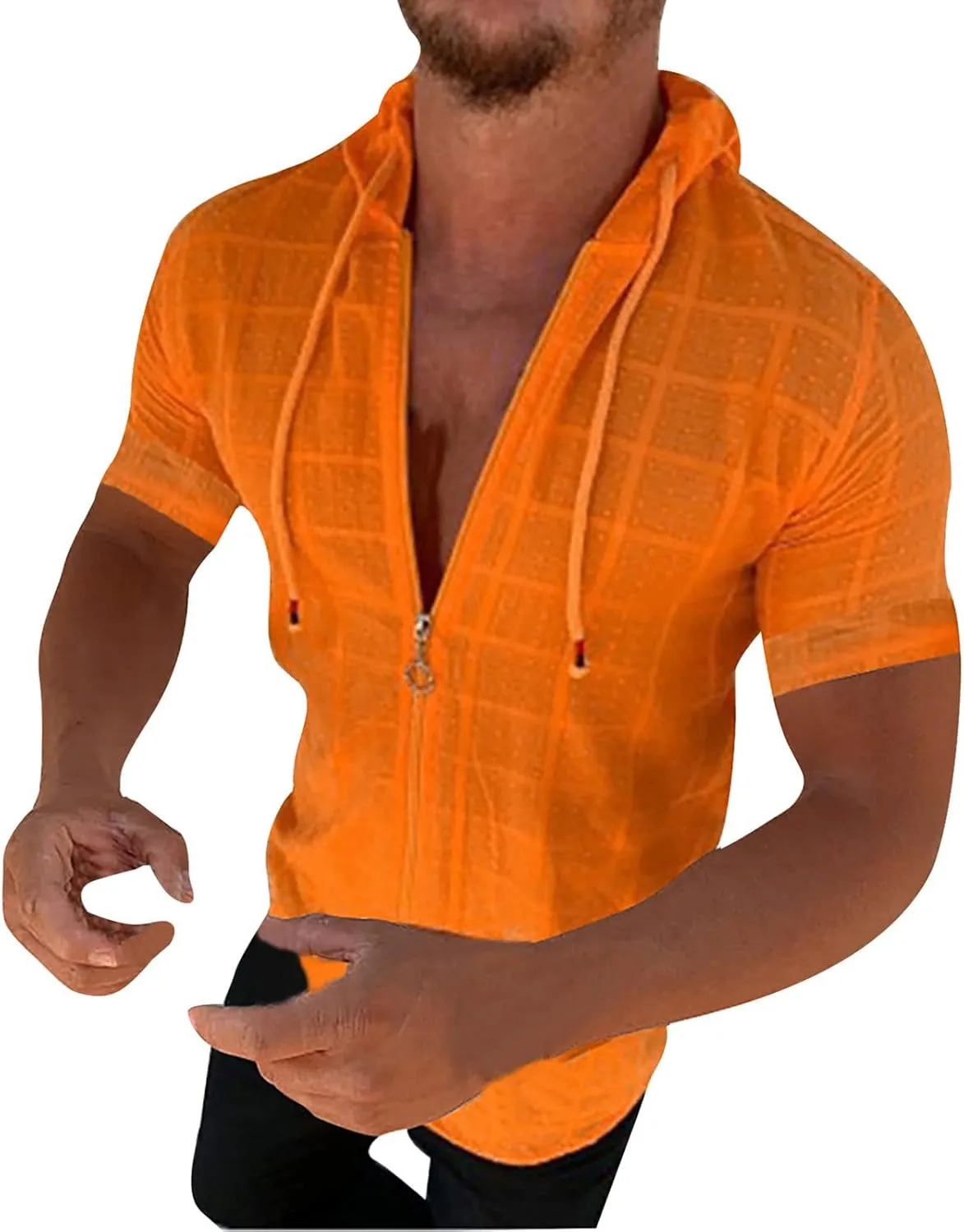 Mens Comfortable Zip Up Hoodie Short Sleeve Lightweight Cotton Zipper Casual Fashion Slim-fit Drawstring Pullover Top Shirts