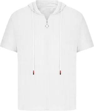 Mens Comfortable Zip Up Hoodie Short Sleeve Lightweight Cotton Zipper Casual Fashion Slim-fit Drawstring Pullover Top Shirts