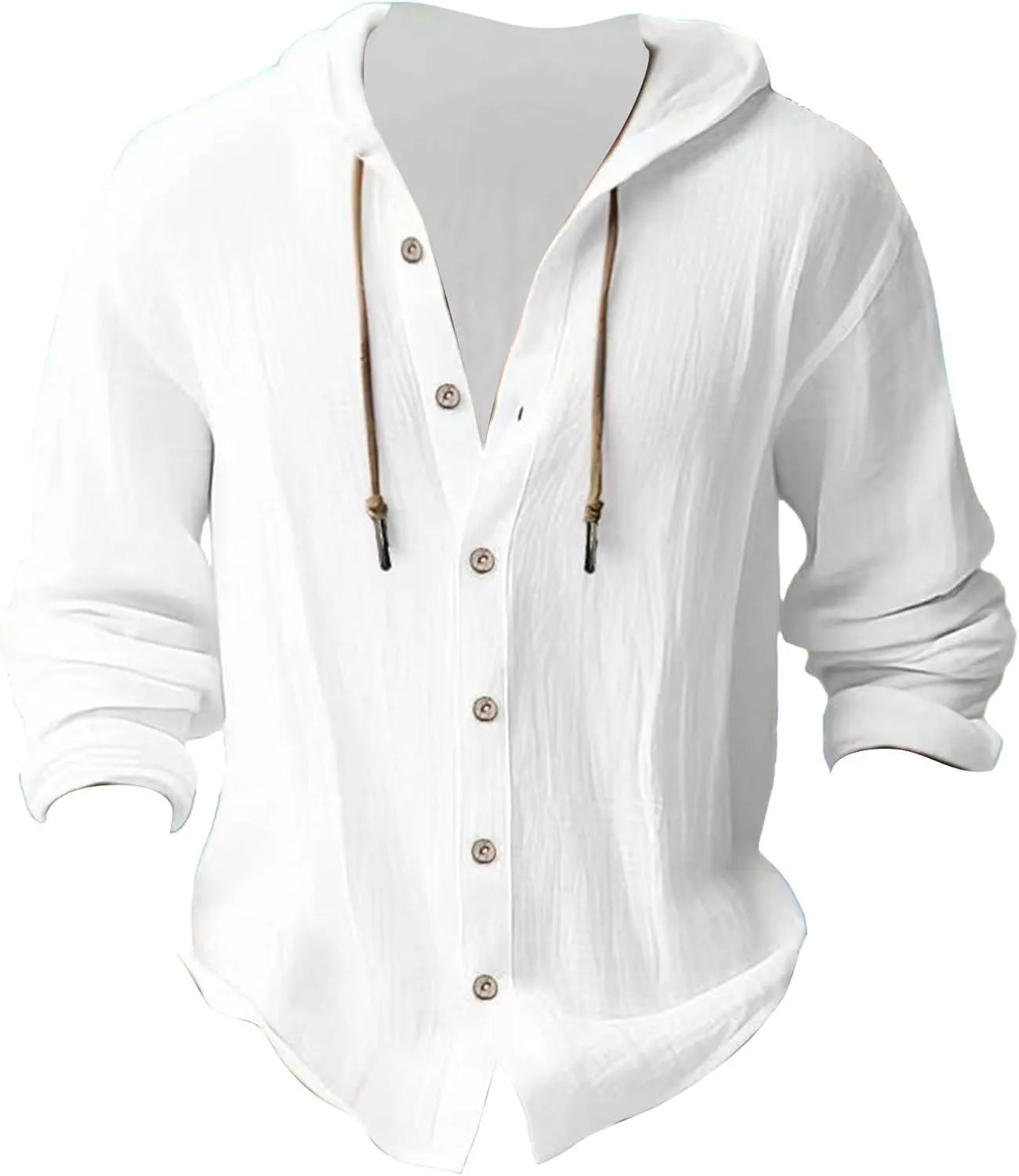 Mens Cotton and Linen Hoodies Summer Outdoor Trendy Holiday Tops Drawstring Button Down Lightweight Casual Long Sleeve Shirts