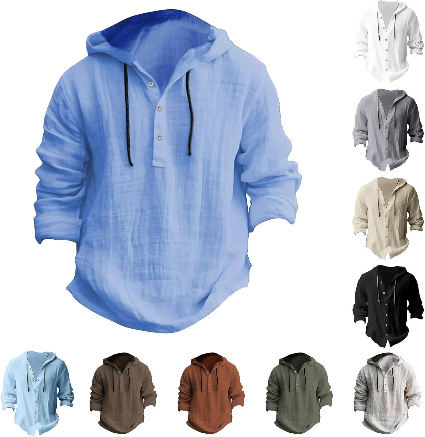 Mens Cotton and Linen Hoodies Summer Outdoor Trendy Holiday Tops Drawstring Button Down Lightweight Casual Long Sleeve Shirts