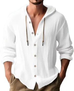 Mens Cotton and Linen Hoodies Summer Outdoor Trendy Holiday Tops Drawstring Button Down Lightweight Casual Long Sleeve Shirts