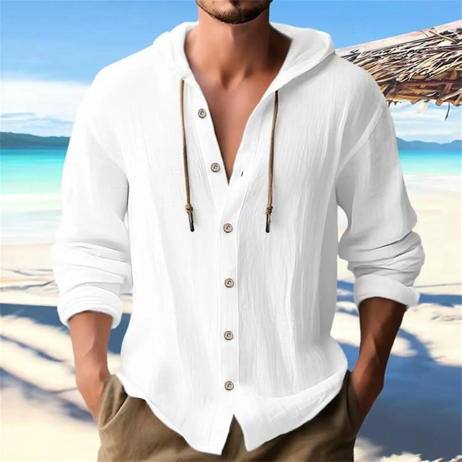 Mens Cotton and Linen Hoodies Summer Outdoor Trendy Holiday Tops Drawstring Button Down Lightweight Casual Long Sleeve Shirts