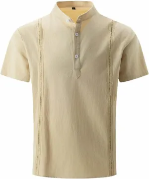 Mens Cotton Linen Henley Shirts Short Sleeve Stand Collar Top Summer Casual Classic T Shirts Pocket Button Up Shirt