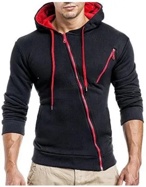 Men's Diagonal Zipper Hoodies Side Zipper Slim Fit Lightweight Fleece for Running Hiking Gym Workouts with Zip Pockets