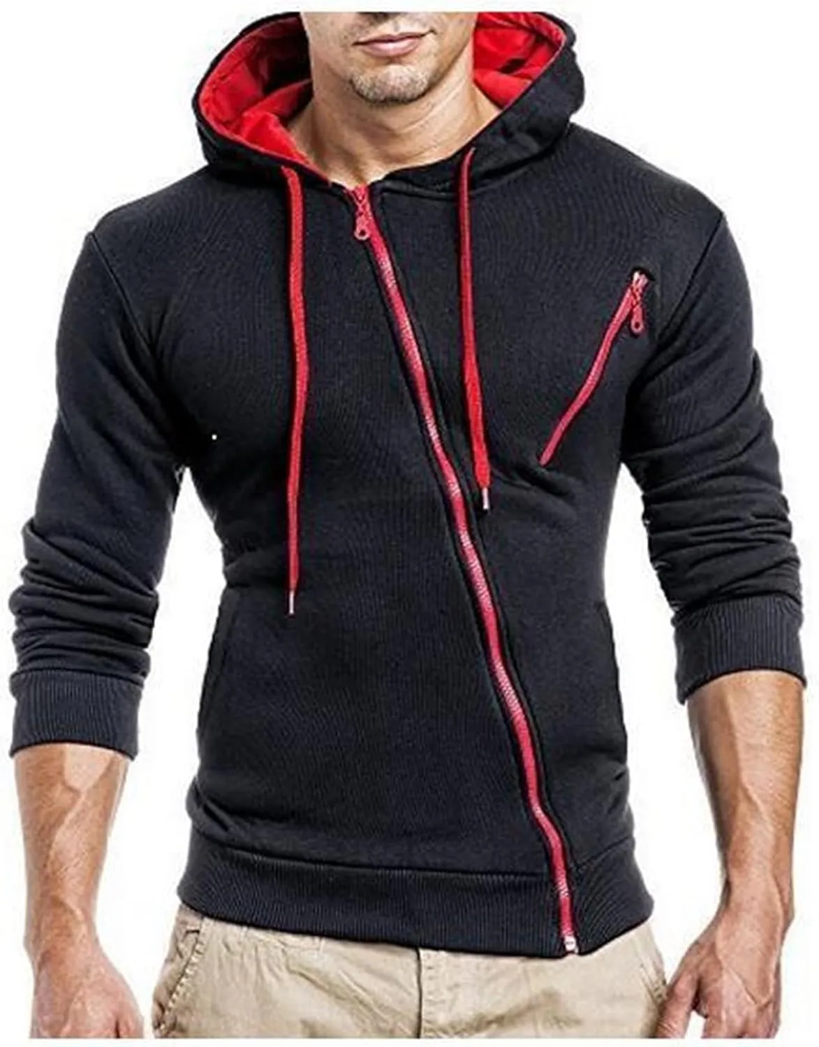 Men's Diagonal Zipper Hoodies Side Zipper Slim Fit Lightweight Fleece for Running Hiking Gym Workouts with Zip Pockets